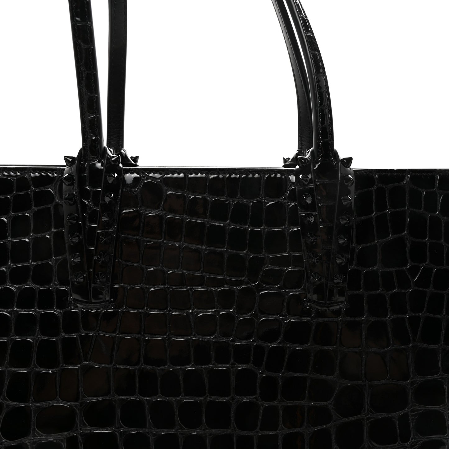 Patent Calfskin Crocodile Embossed Spikes Zipped Cabata Tote Black