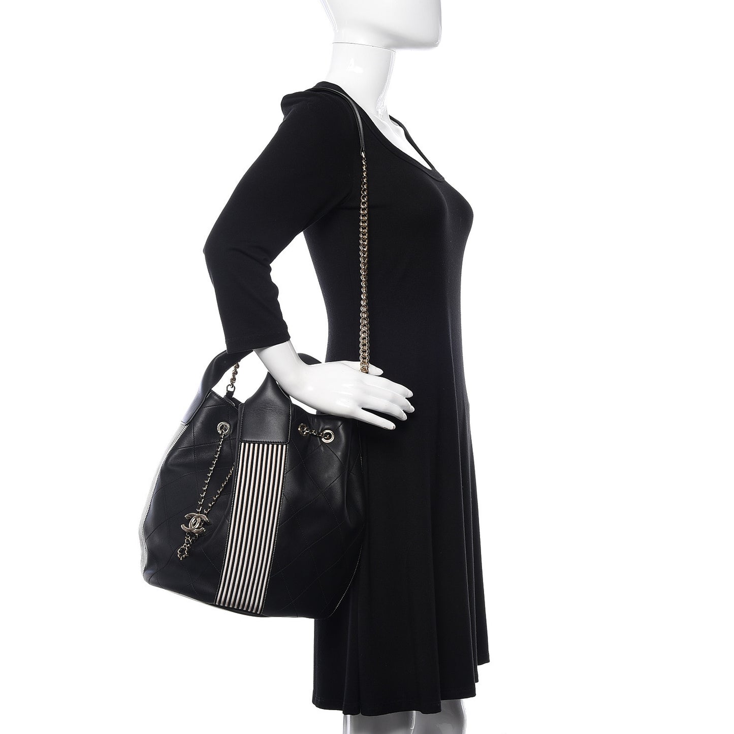 Calfskin Stitched Striped CC Drawstring Bag Black