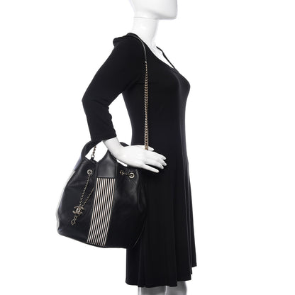 Chanel Calfskin Stitched Striped CC Drawstring Bag Black 2 of 11