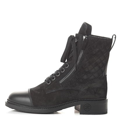 Chanel Suede Quilted CC Lace Up Combat Boots 37.5 Black 1 of 8