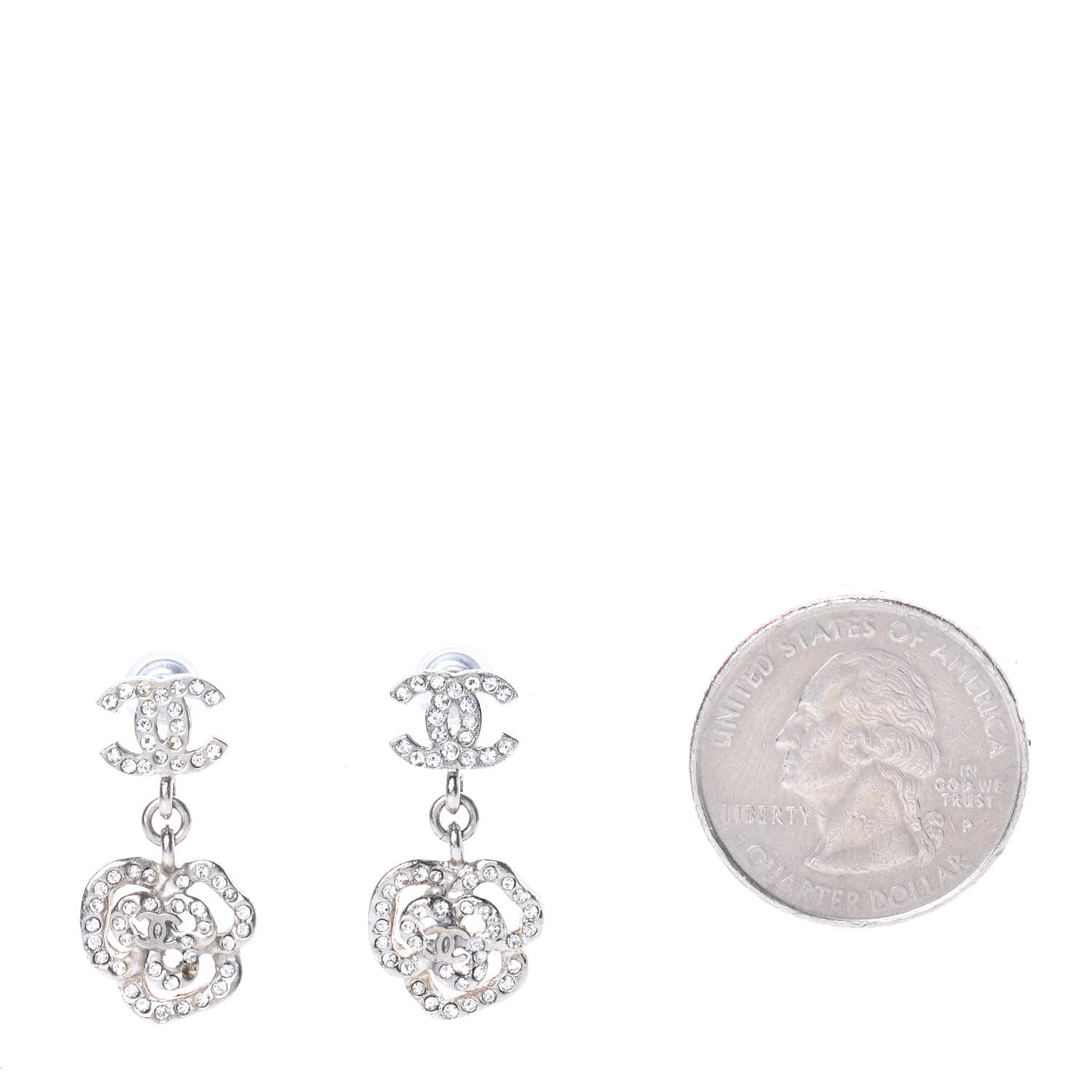 Chanel Crystal CC Camellia Drop Earrings Silver 2 of 5