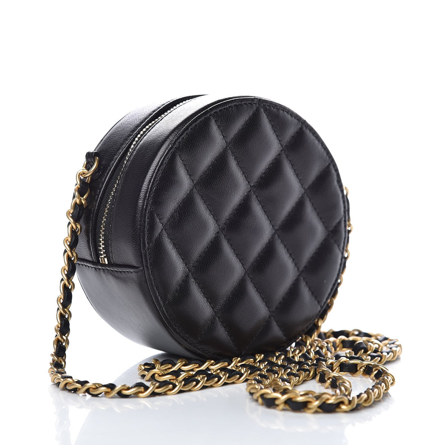 Calfskin Quilted Egyptian Amulet Round Clutch With Chain Black