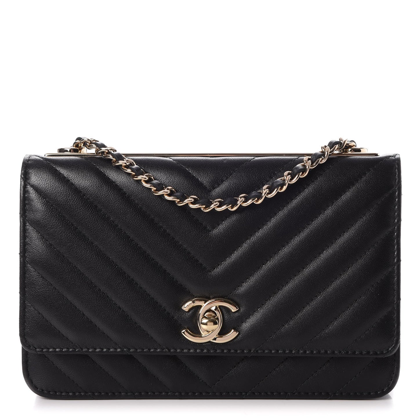 Lambskin Chevron Quilted Trendy CC Wallet On Chain WOC Black