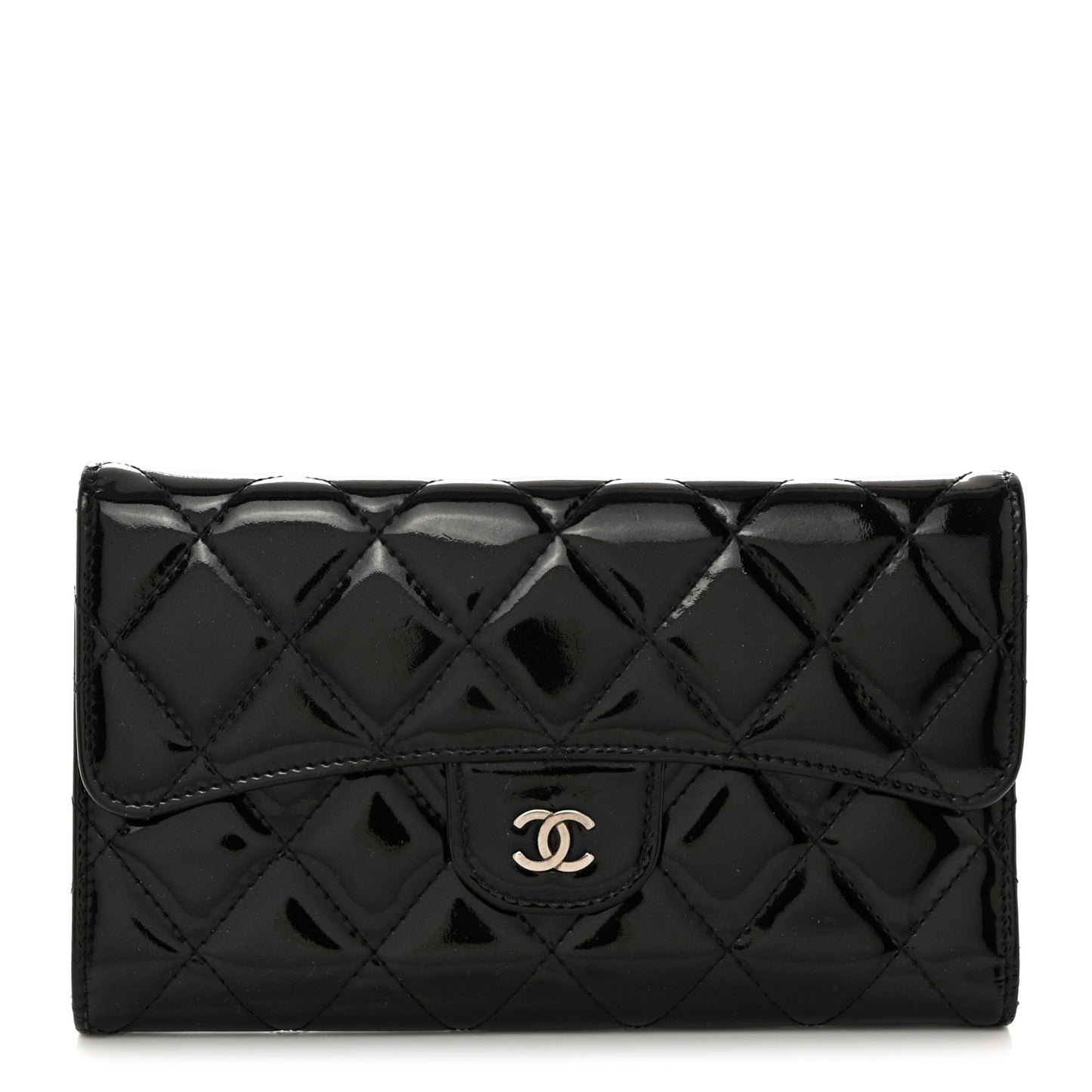 Iridescent Patent Quilted Large Flap Wallet Black
