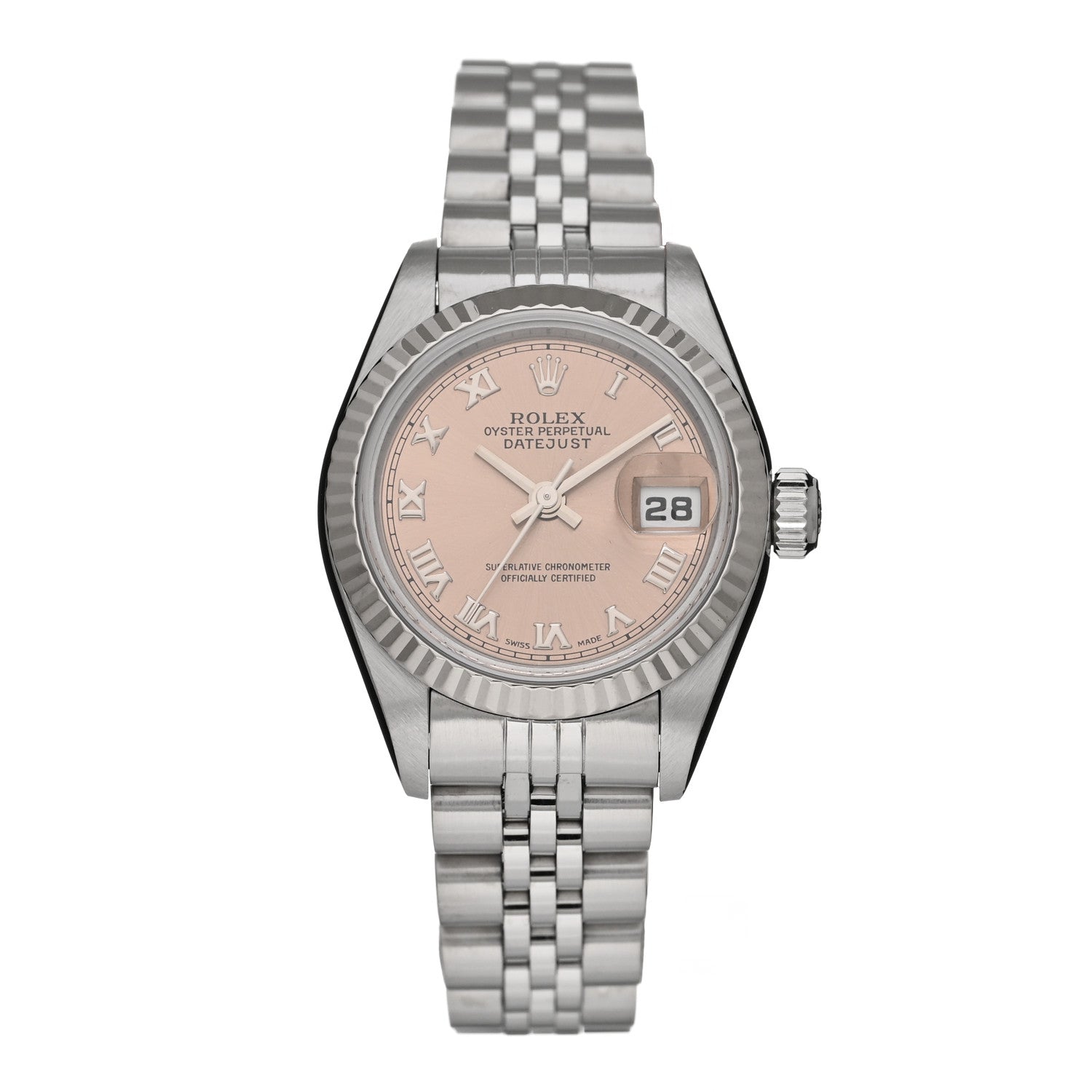 Rolex Stainless Steel 18K White Gold 26mm Oyster Perpetual Datejust Watch Pink Roman 69174 1 of 4