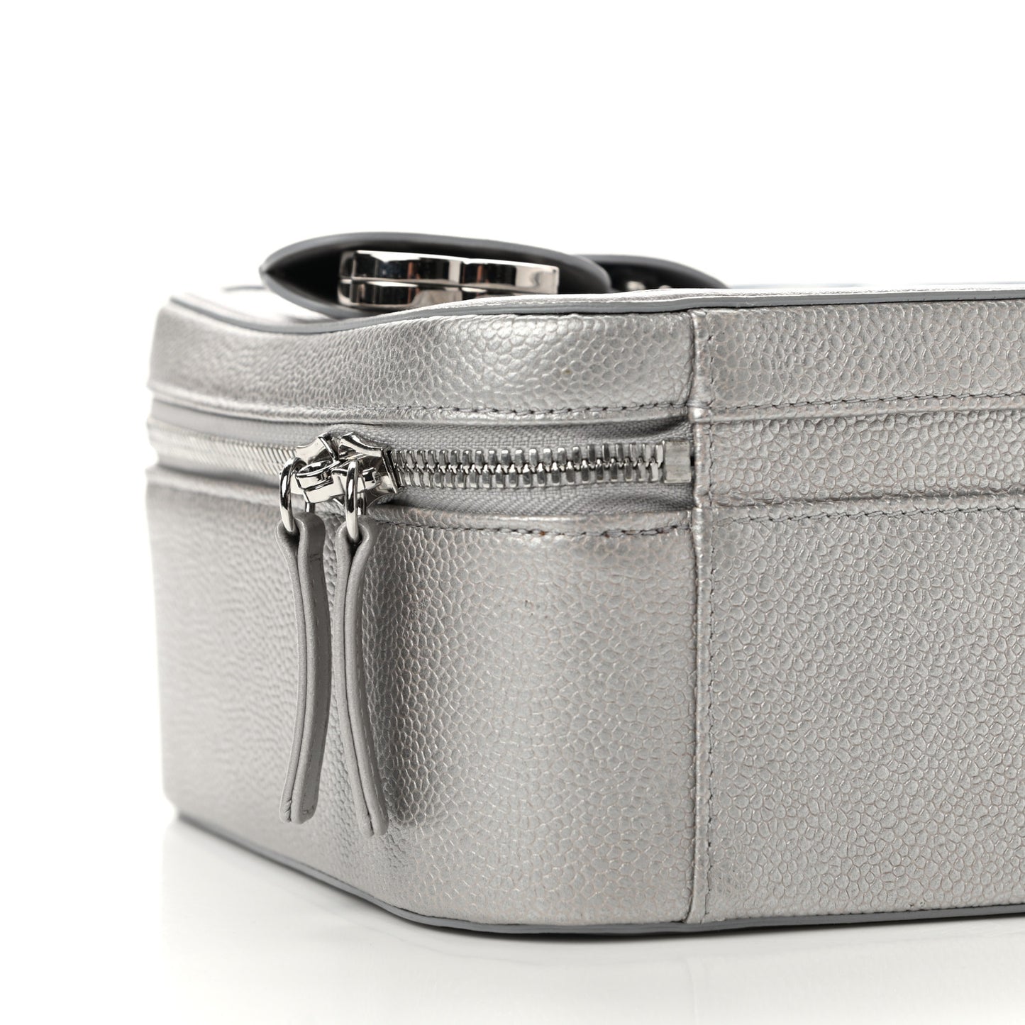 Metallic Caviar Quilted Large CC Filigree Vanity Case Silver