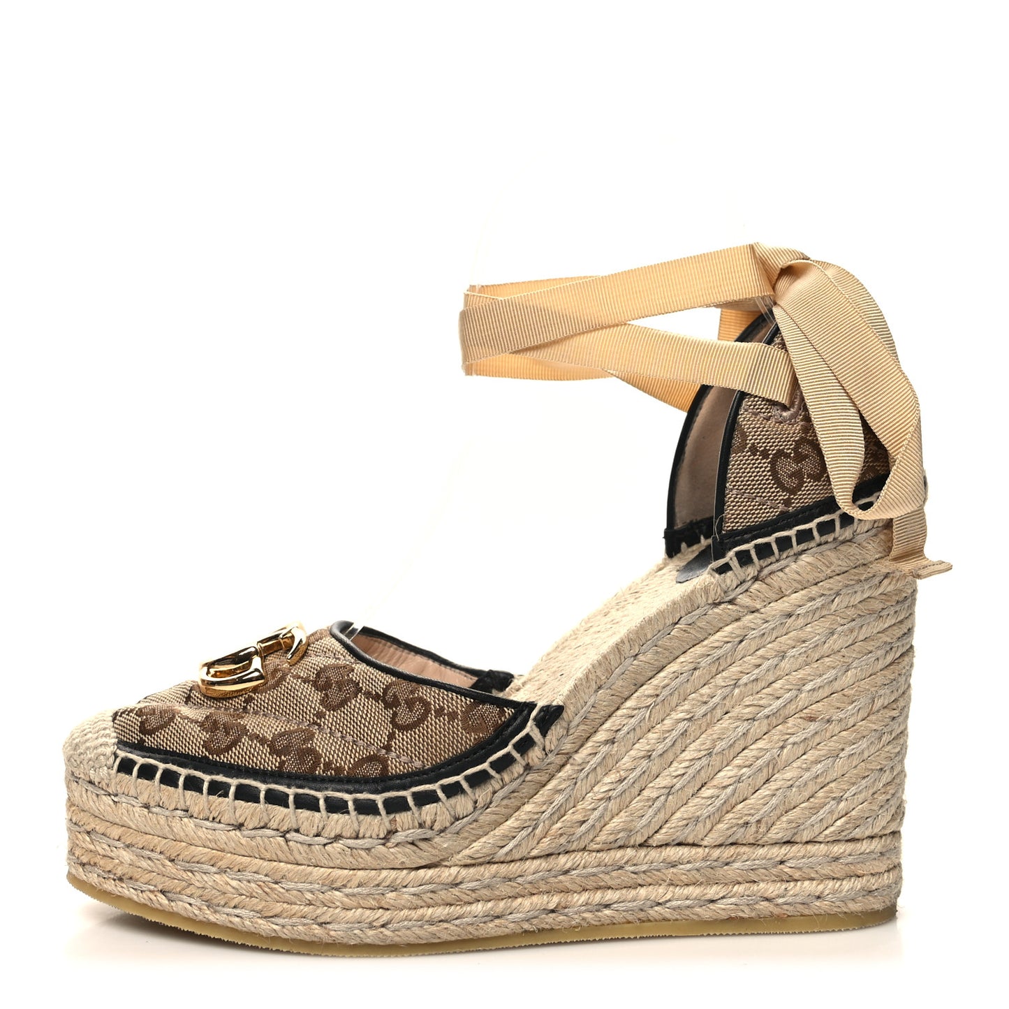 Monogram Matelasse GG Marmont Ankle Wrap Platform 35/120mm Espadrille Wedges 38.5 Beige Ebony Black Sand Storm