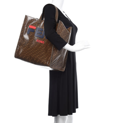 Fendi X FILA Glazed Fabric FF 1974 Mania Shopping Tote Bag Mogano Panna Blueberry 2 of 9