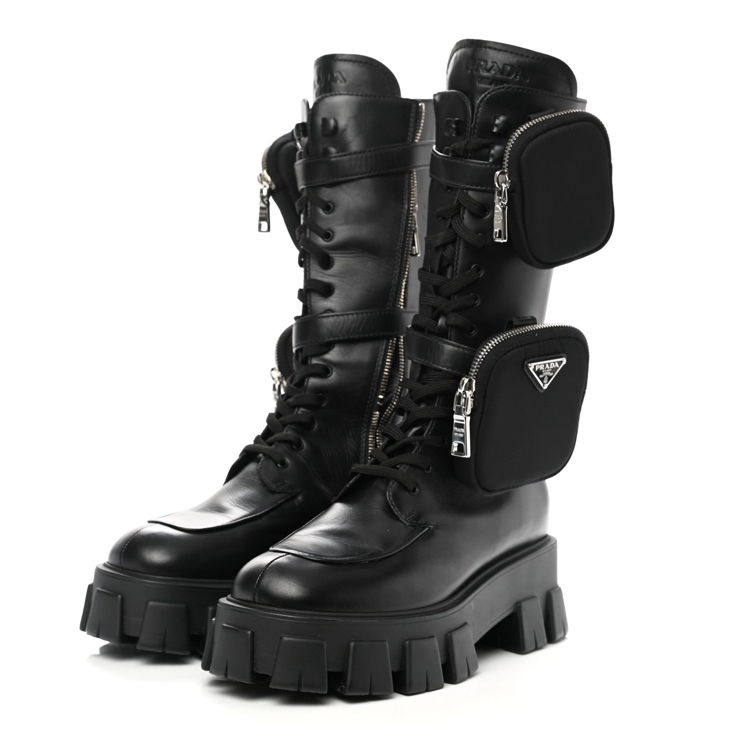 Prada Vitello Lux Nylon Metal Triangle Logo Monolith Pouch Pocket 55mm Tall Combat Boots 41 Black 3 of 11