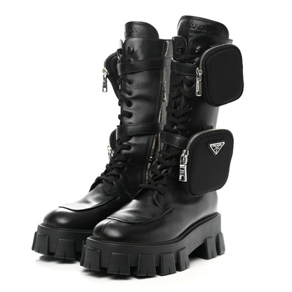 Prada Vitello Lux Nylon Metal Triangle Logo Monolith Pouch Pocket 55mm Tall Combat Boots 41 Black 3 of 11