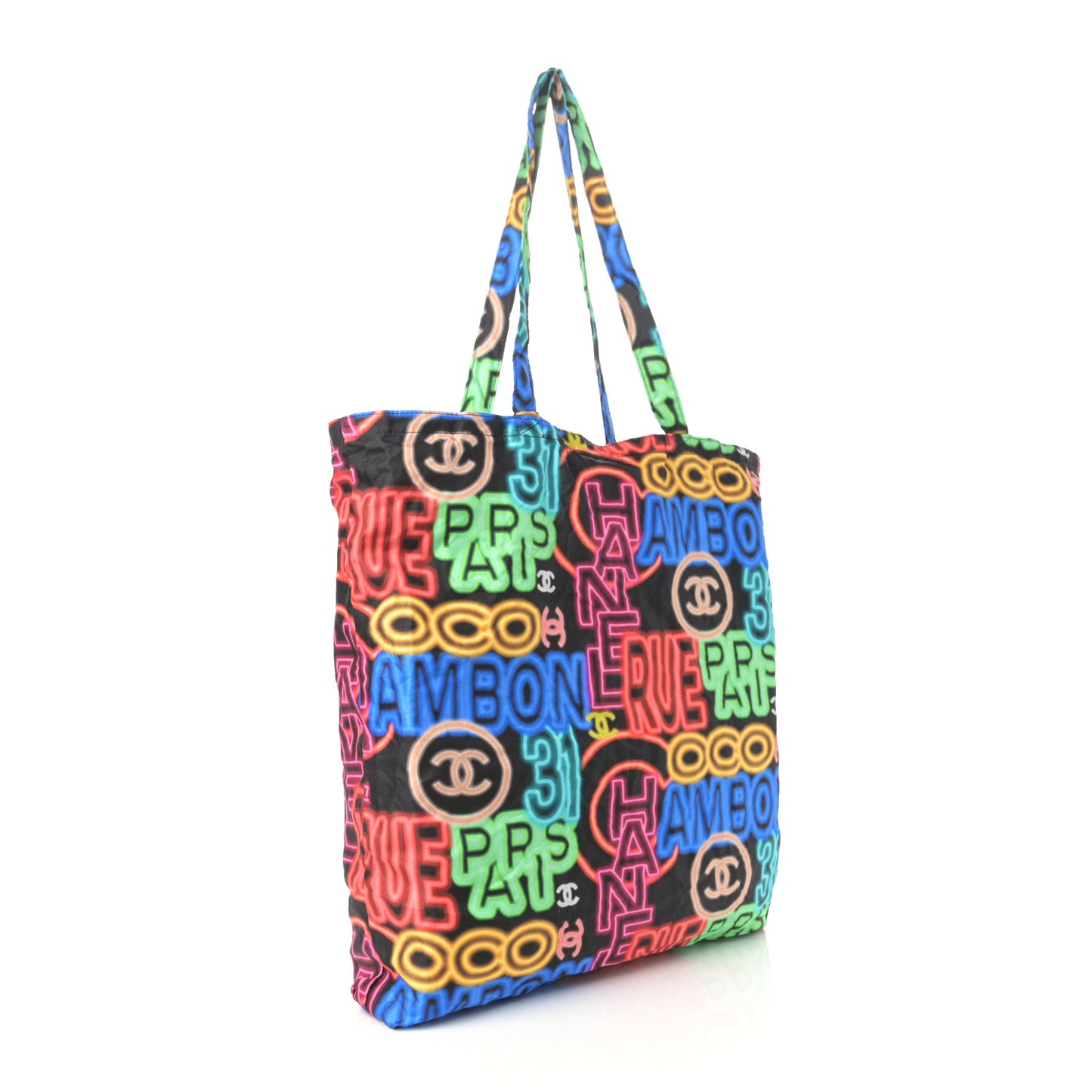 Caviar Fabric Graffiti Foldable Tote Bag With Chain Black Multicolor