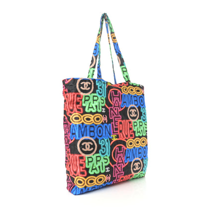 Chanel Caviar Fabric Graffiti Foldable Tote Bag With Chain Black Multicolor 2 of 17