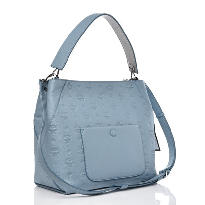 MCM Grained Calfskin Monogram Medium Klara Hobo Sky Blue 3 of 8