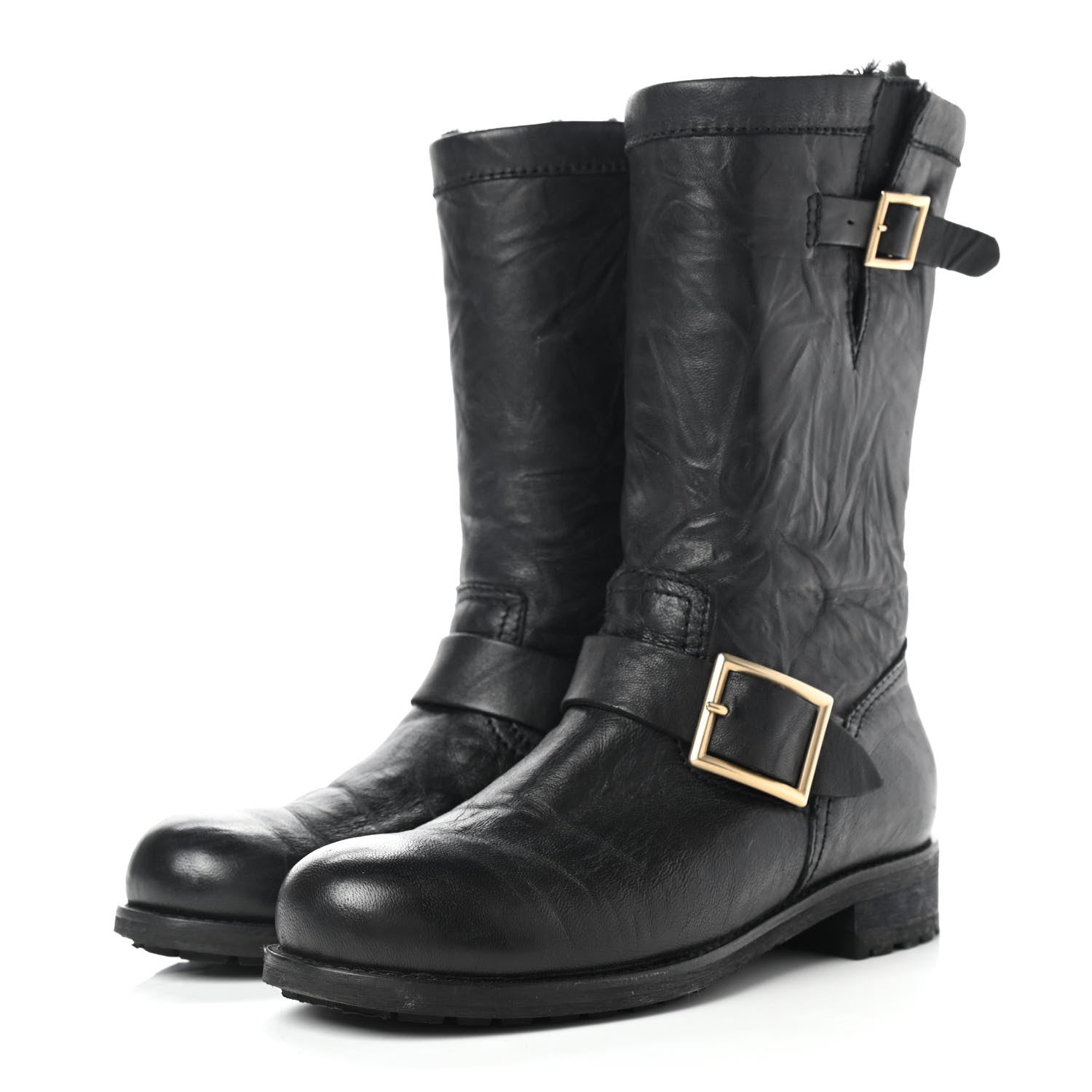 Jimmy Choo Lambskin Rabbit Fur Biker Boots 37.5 Black 3 of 11