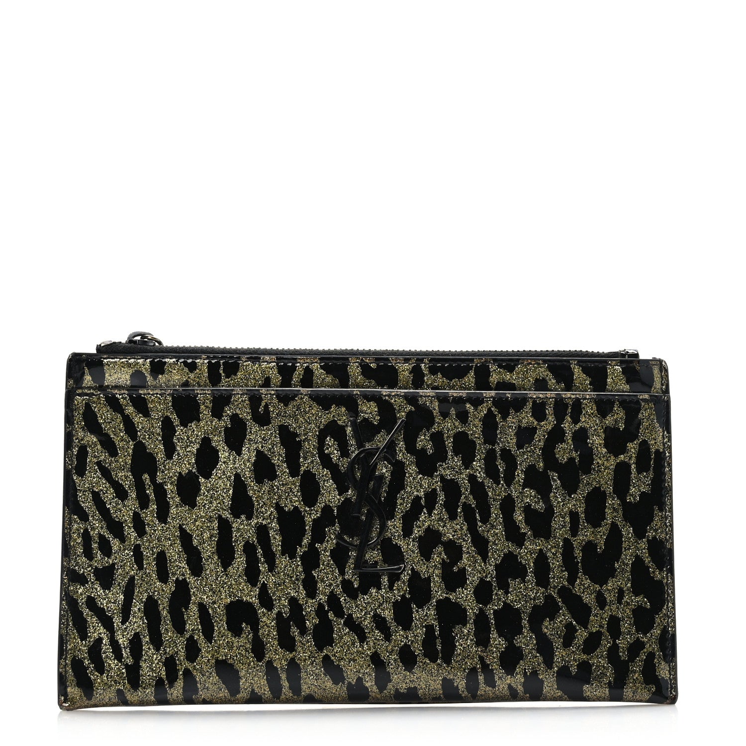 Saint Laurent Patent Glitter Leopard Monogram Zip Pouch Gold Black 1 of 6
