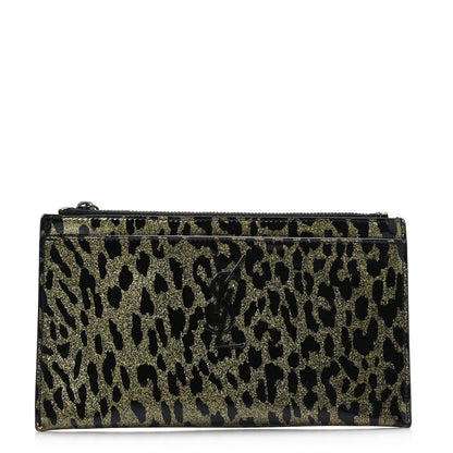 Saint Laurent Patent Glitter Leopard Monogram Zip Pouch Gold Black 1 of 6