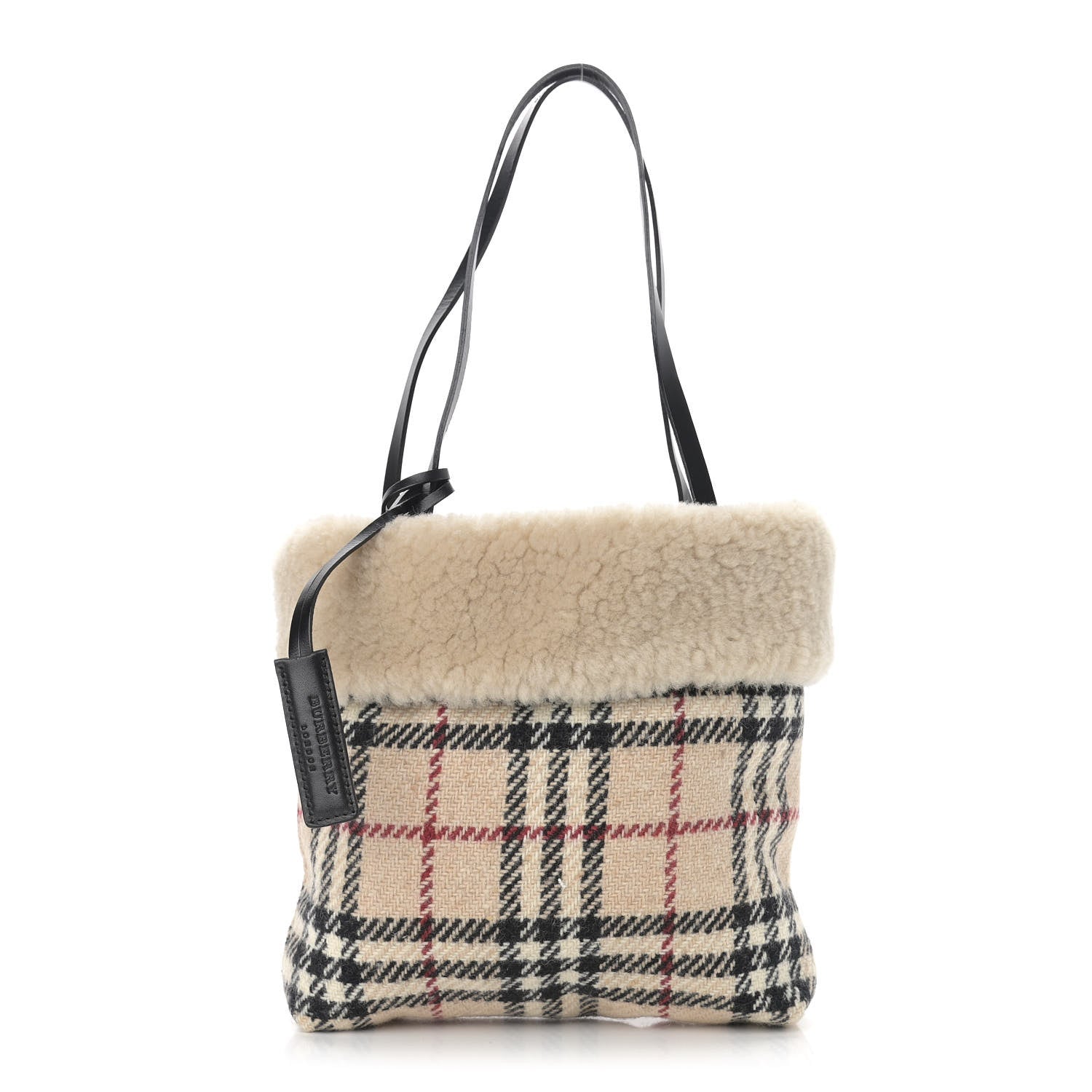 Burberry Shearling Wool Check Bag Beige 1 of 8