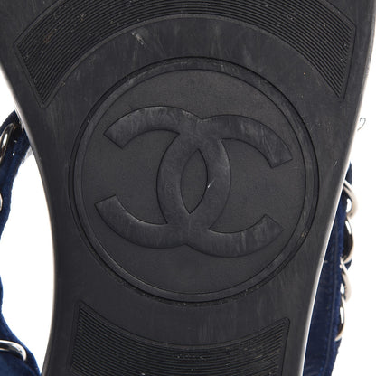 Chanel Suede Calfskin Quilted Chain Thong Sandals 38 Navy Blue 8 of 9