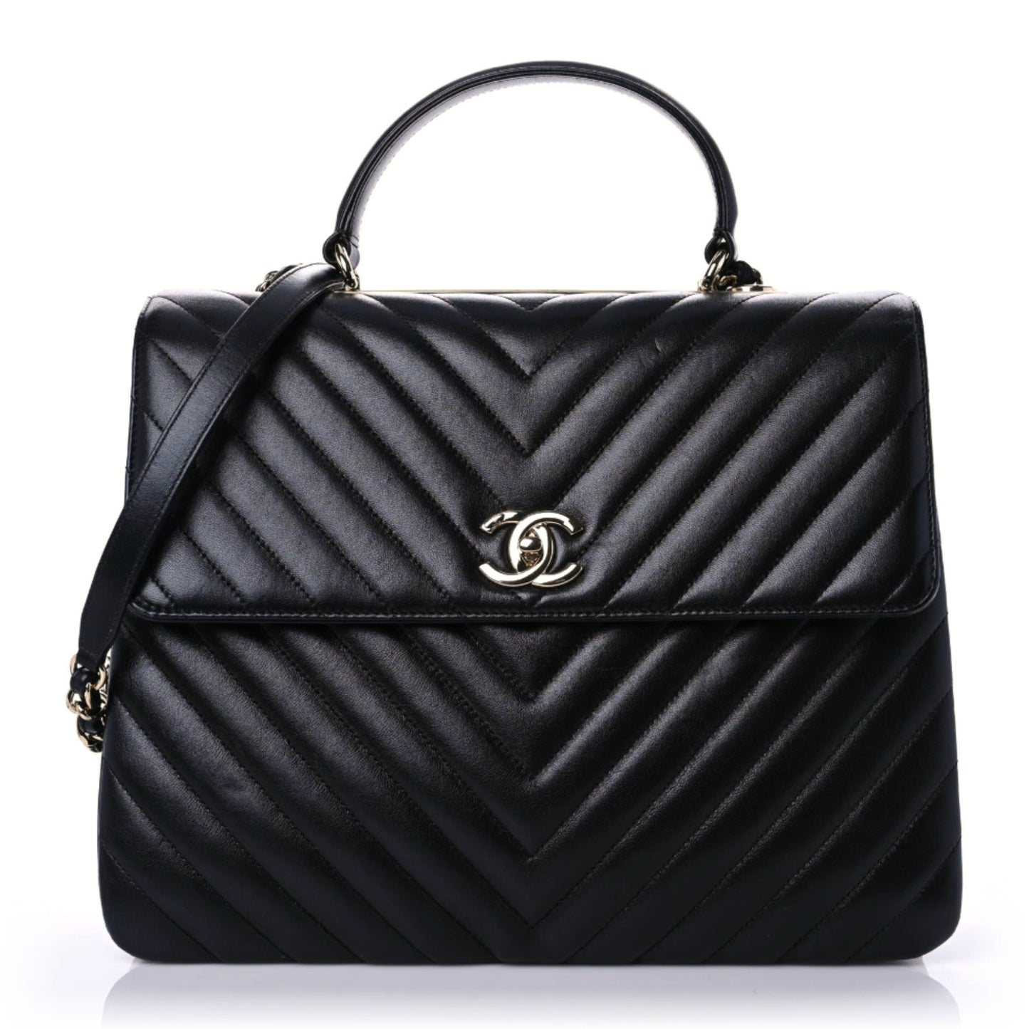Lambskin Chevron Quilted Large Trendy CC Dual Handle Flap Bag Black