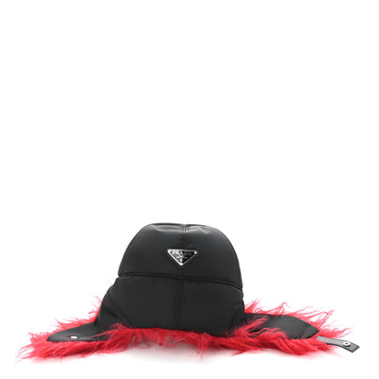 Prada Re-Nylon Curly Faux Fur Mens Ear Flap Baseball Hat M Black Cerise 5 of 9