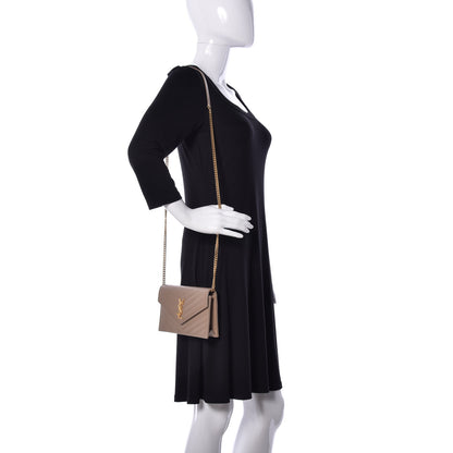 Saint Laurent Grain De Poudre Matelasse Chevron Monogram Envelope Chain Wallet Dark Beige 2 of 12