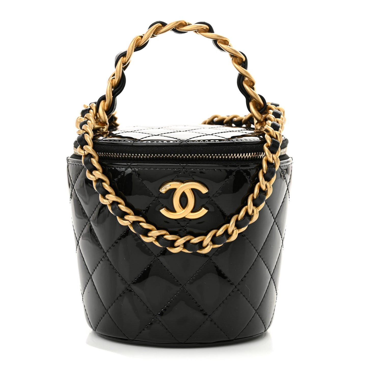 Patent Quilted Afternoon Tea Top Handle Mini Vanity Case With Chain Black