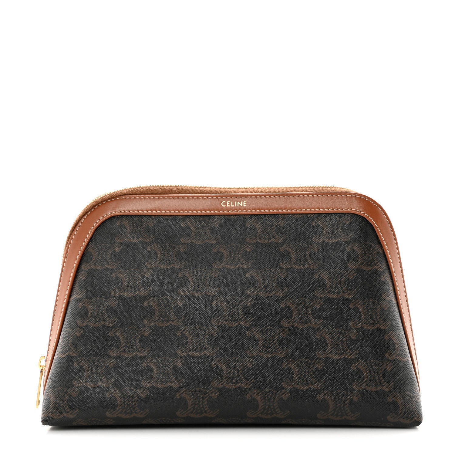 Celine Triomphe Canvas Calfskin Medium Cosmetic Pouch Tan 1 of 7