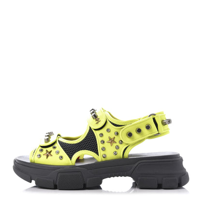 Gucci Technical Canvas Calfskin Studded Mens Aguru Sandals 7 Neon Yellow 1 of 8