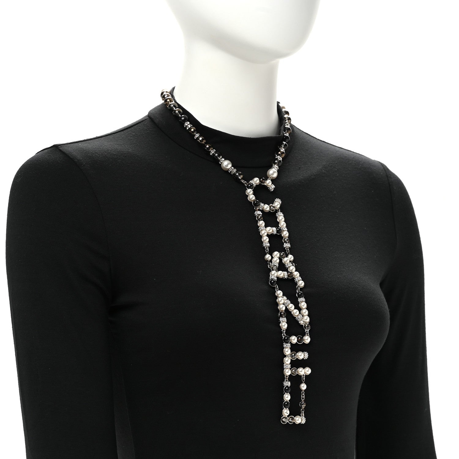 Chanel Pearl Crystal Bead Chanel Logo Necklace Silver 2 of 6