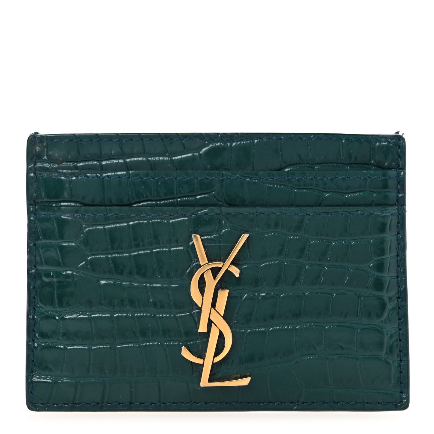 Calfskin Crocodile Embossed Monogram Credit Card Case Foliage Green