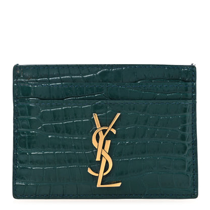 Saint Laurent Calfskin Crocodile Embossed Monogram Credit Card Case Foliage Green 1 of 10