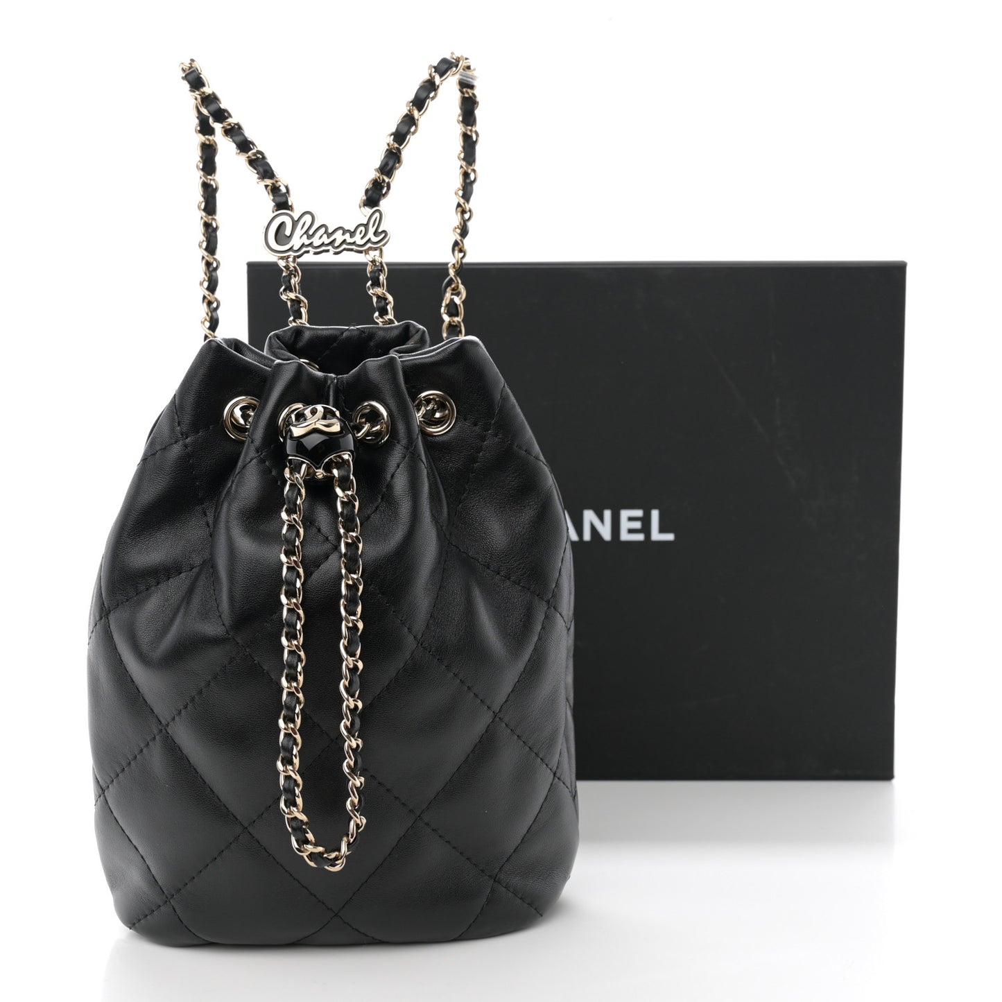 Shiny Lambskin Quilted Drawstring Backpack Black