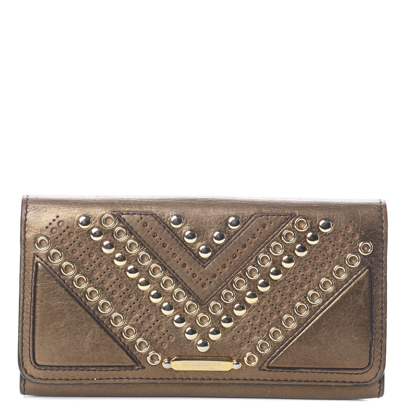 Metallic Calfskin Grommet Studded Flap Wallet Gold