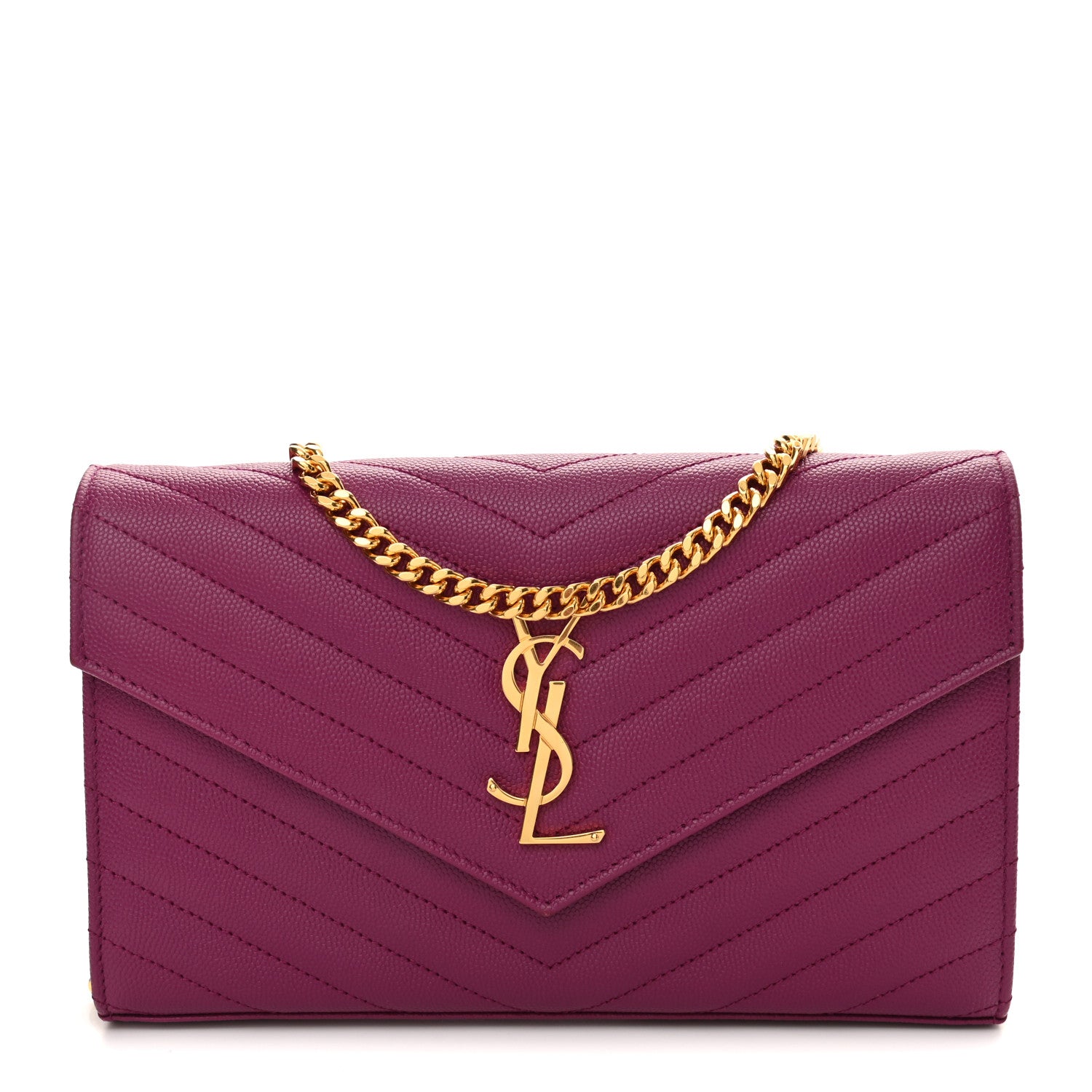Saint Laurent Grain De Poudre Matelasse Chevron Monogram Chain Wallet Dark Grape 1 of 9