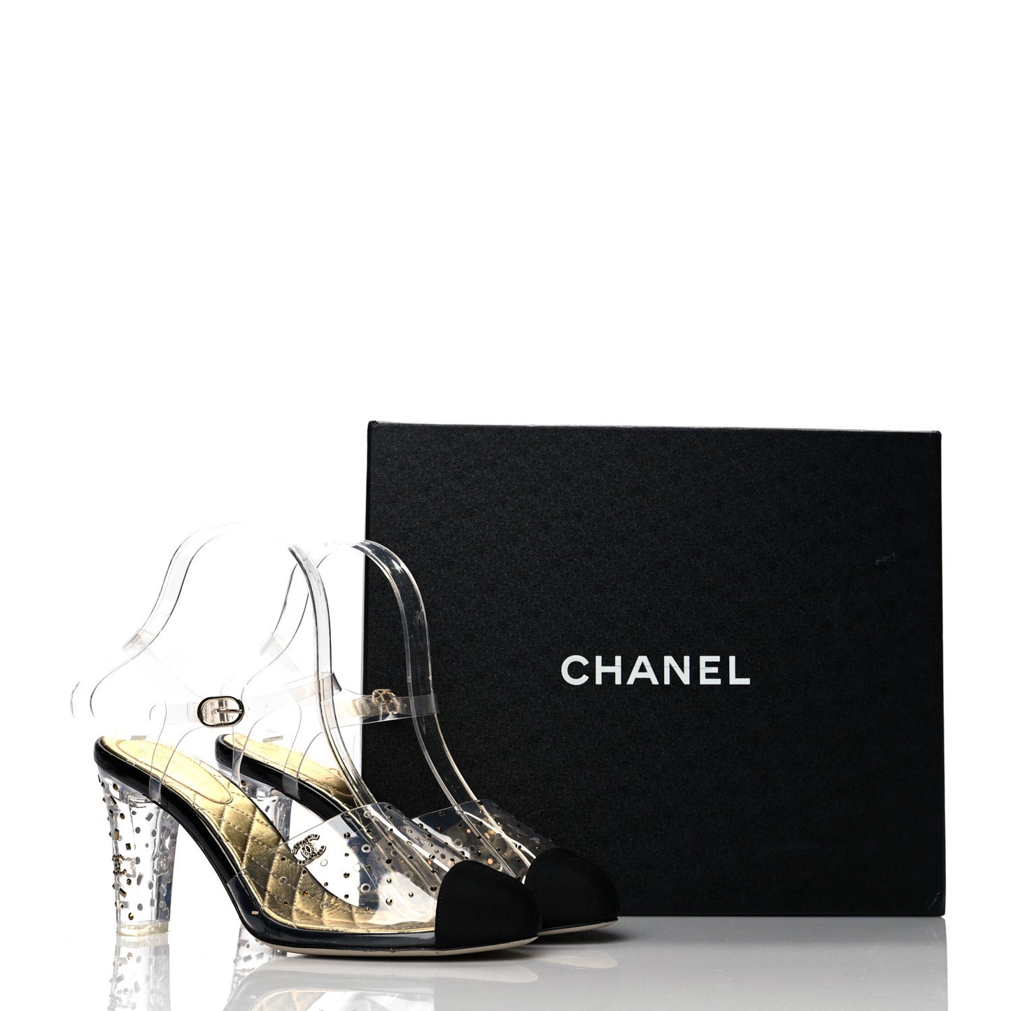 PVC Studded Grosgrain Cap Toe Pumps 38.5 Transparent Black
