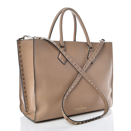 Valentino Garavani Pebbled Calfskin Rockstud Double Handle Tote Camel Rose 3 of 13