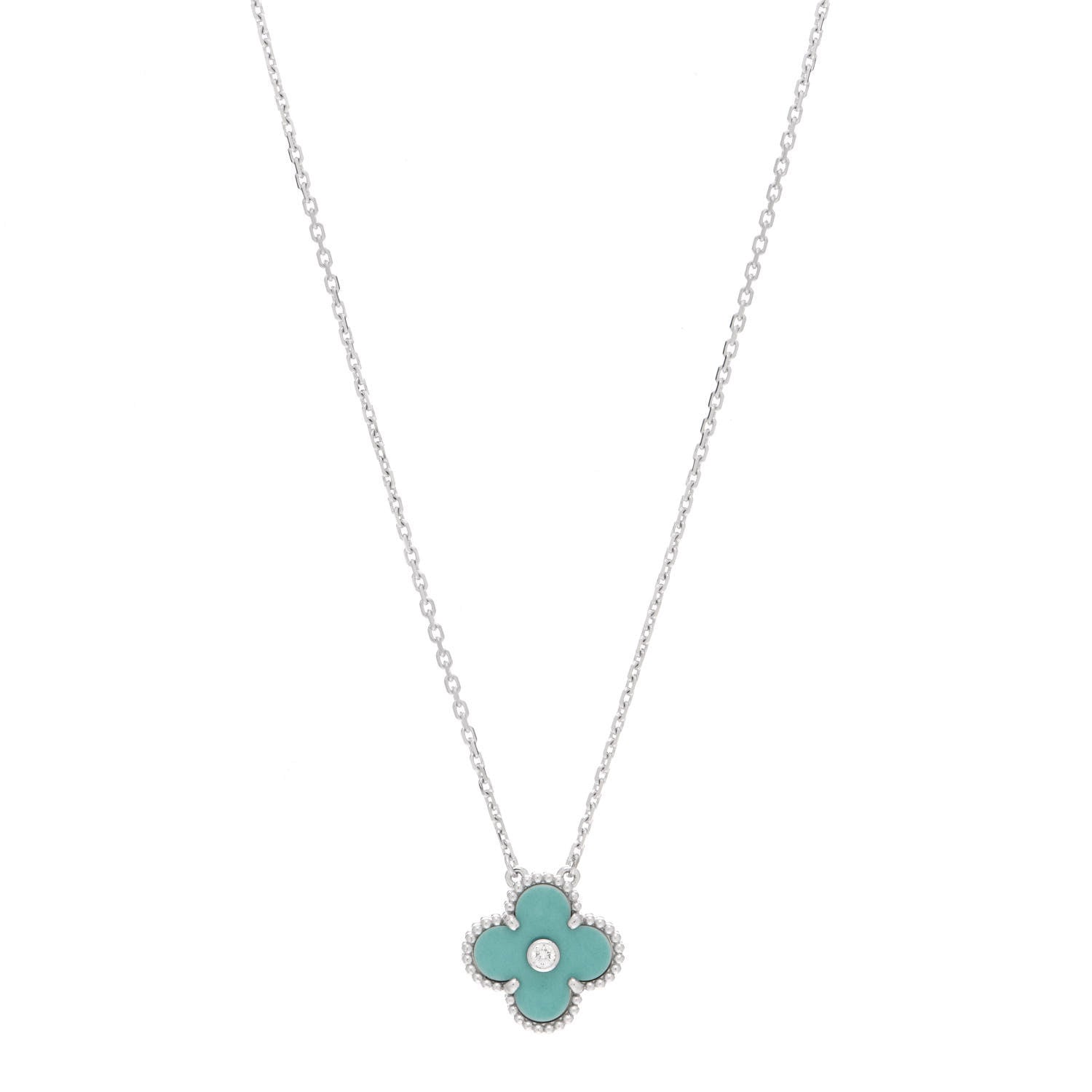 product image of VAN CLEEF & ARPELS 18K White Gold Diamond Celadon Green Sevres Porcelain Vintage Alhambra Pendant Necklace FASHIONPHILE