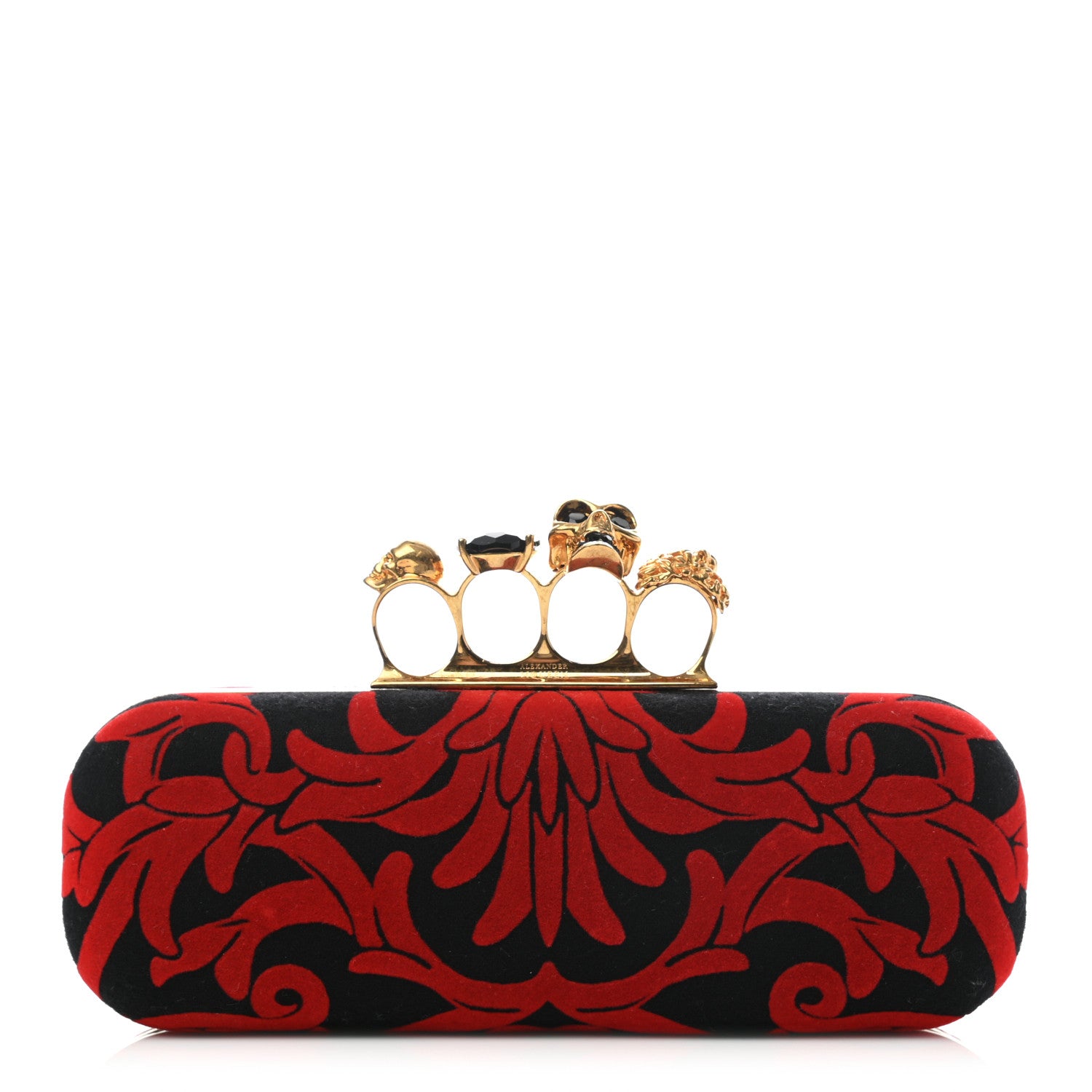Alexander McQueen Velvet Arabesque Skull Knuckle Box Clutch Red Black 1 of 8