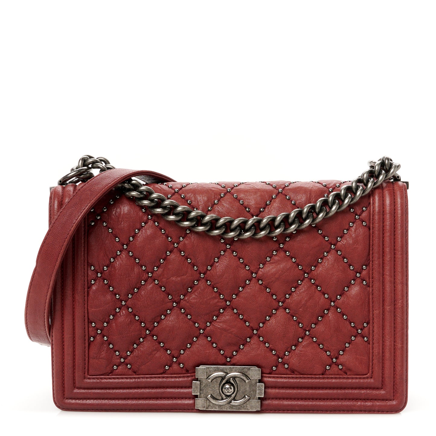 Crumpled Lambskin New Medium Studded Boy Flap Red