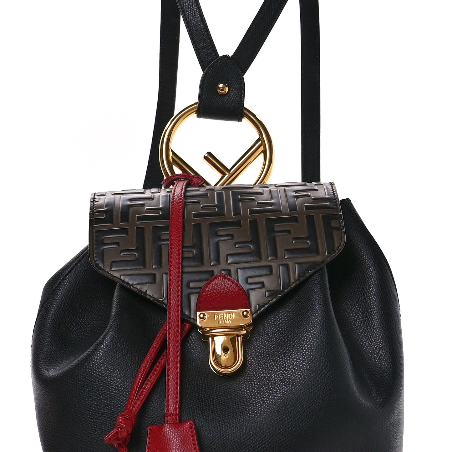 Vitello Cruise Bi-Color FF 1974 Embossed F is Fendi Drawstring Backpack Black Fragola Maya
