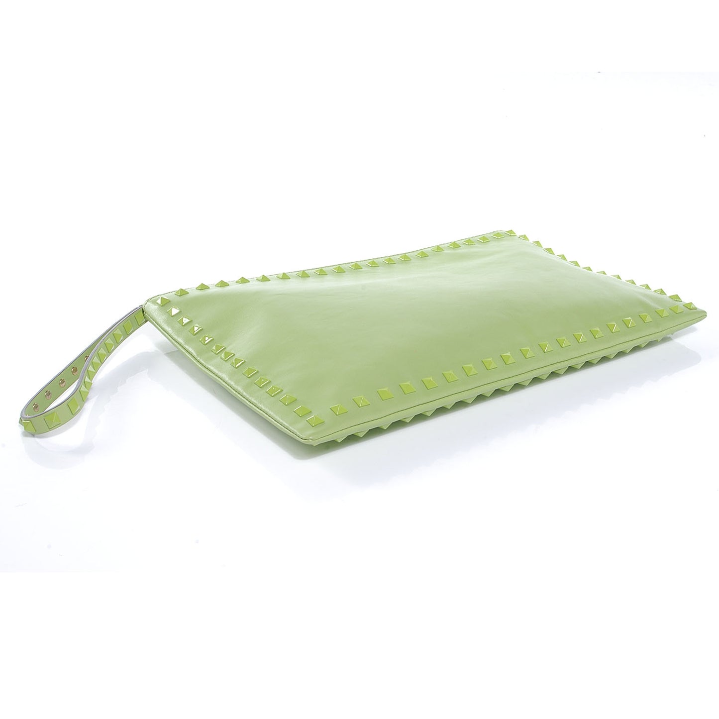 Vitello Monochrome Large Rockstud Zip Wristlet Pouch Pop Apple