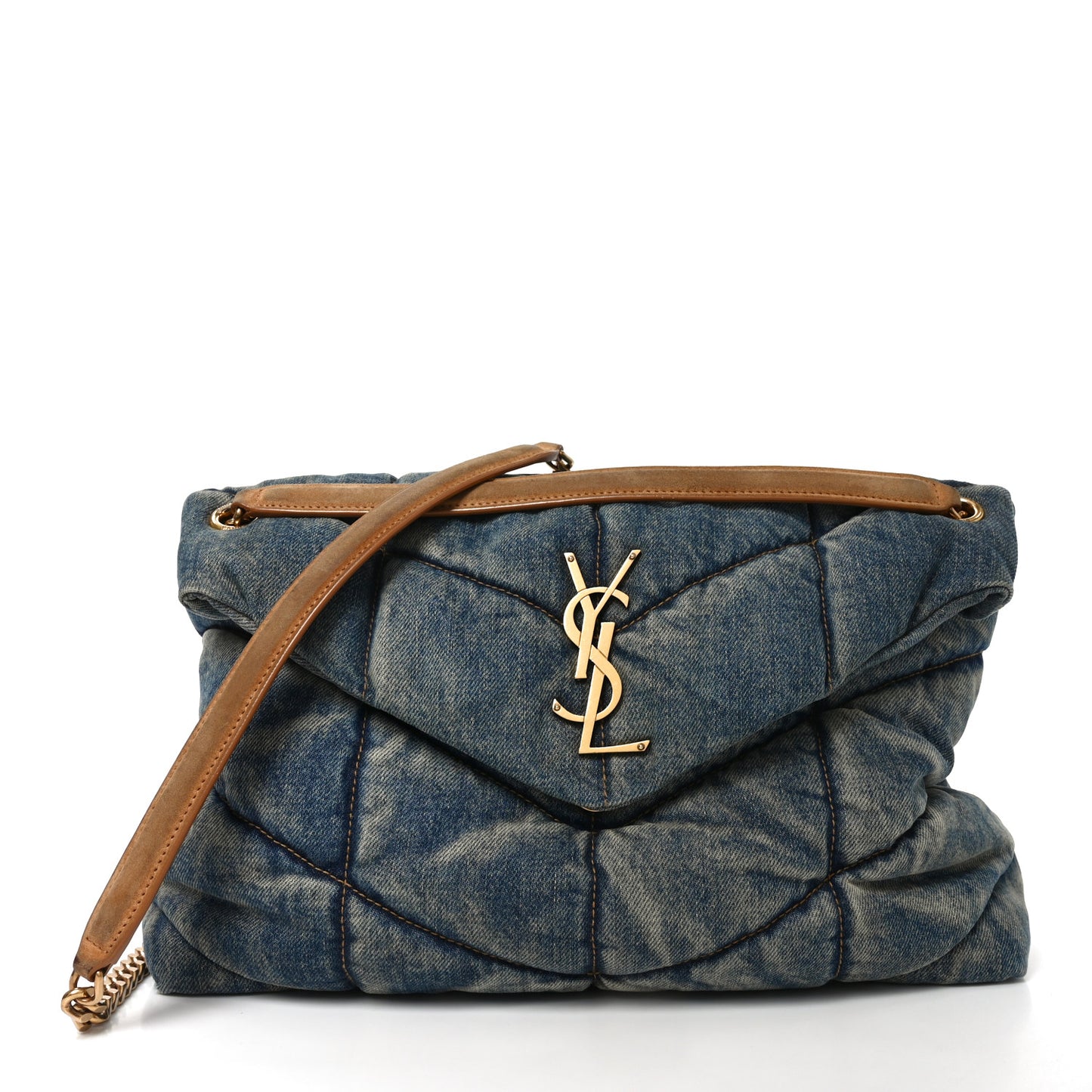 Denim Quilted Medium Loulou Puffer Monogram Chain Satchel Blue Cinnamon