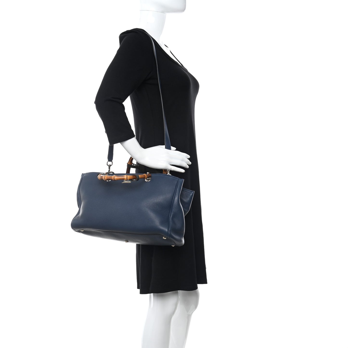 Pebbled Calfskin Medium Bamboo Shopper Tote Navy