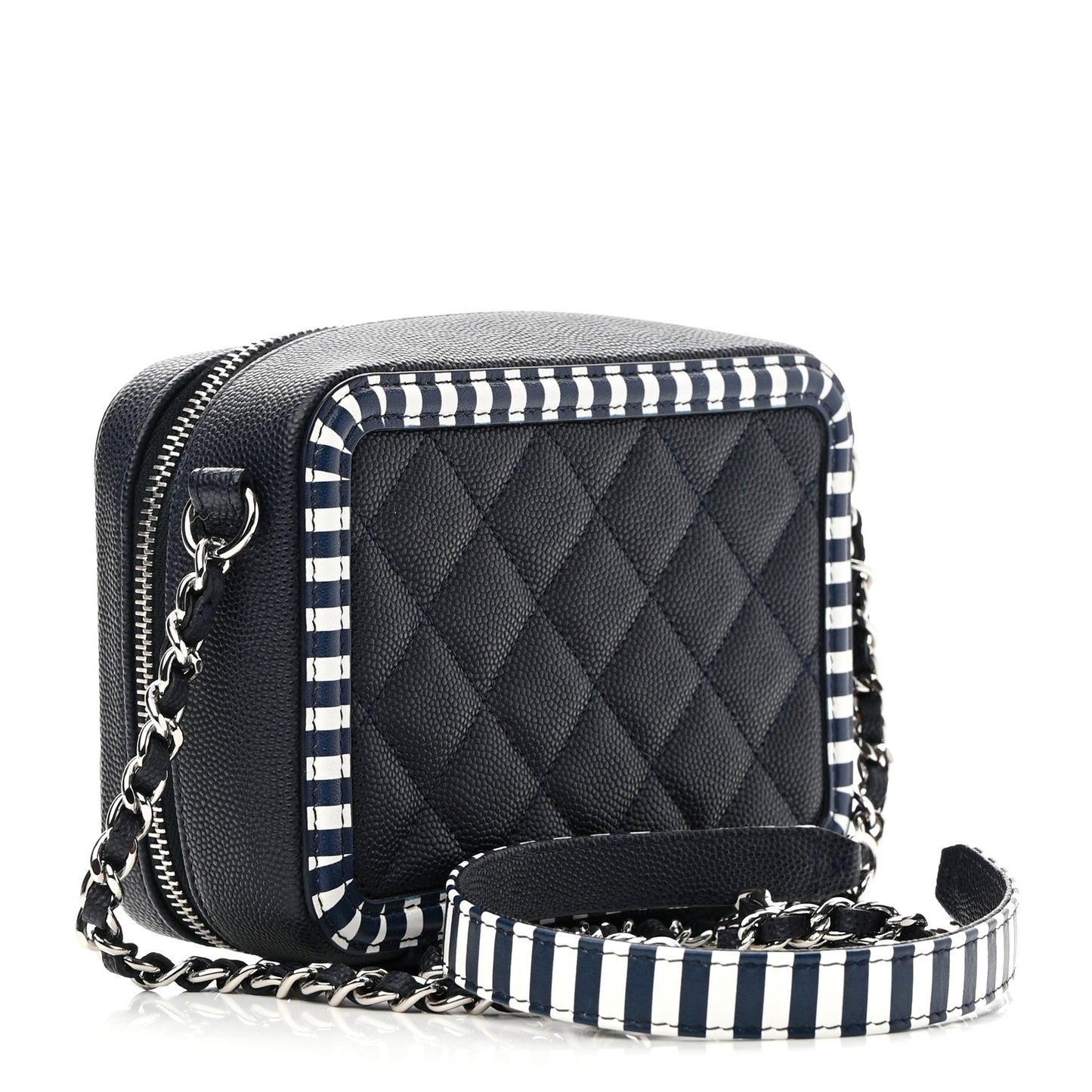 Caviar Quilted Striped Filigree Vanity Clutch With Chain Navy White