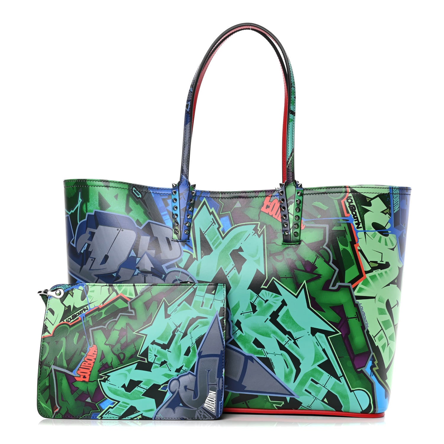 Christian Louboutin Calfskin Metro Graf Spikes East West Cabata Tote Green Multicolor 1 of 12
