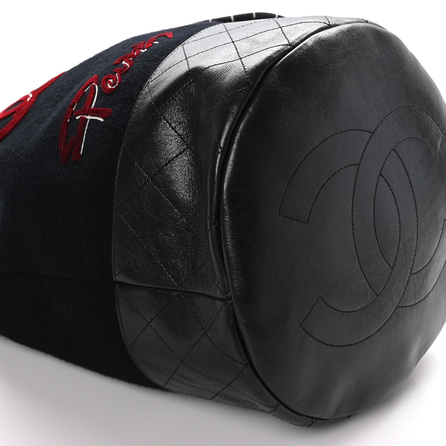 Wool Calfskin Embroidered Paris Hamburg Drawstring Backpack Black