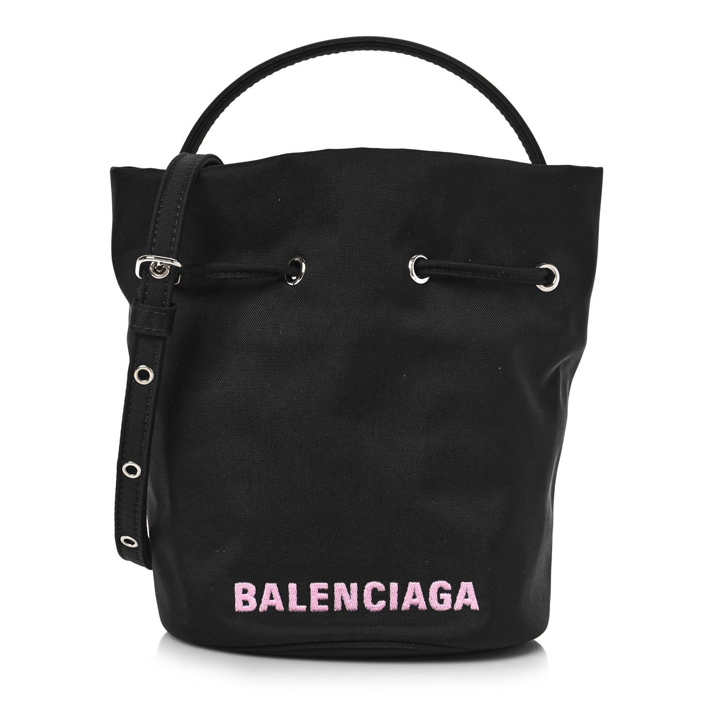 Recycled Sport Nylon Logo Embroidered Wheel Drawstring Bucket Bag Black Pink