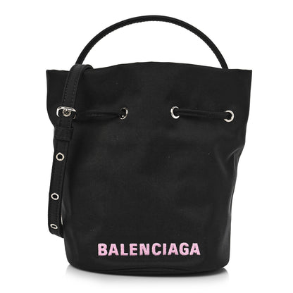 Balenciaga Recycled Sport Nylon Logo Embroidered Wheel Drawstring Bucket Bag Black Pink 1 of 7