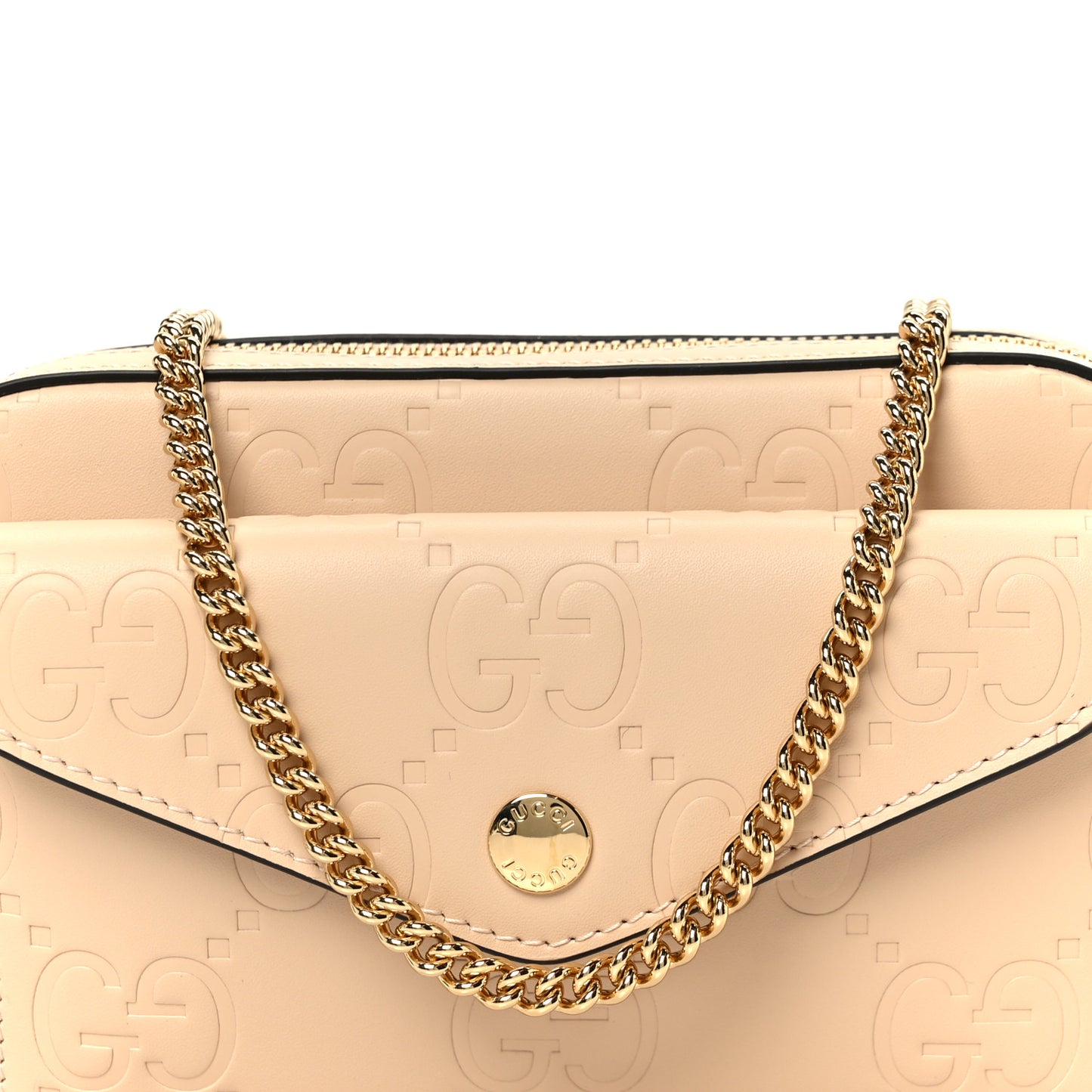 Calfskin GG Super Mini Debossed Chain Wallet Light Beige