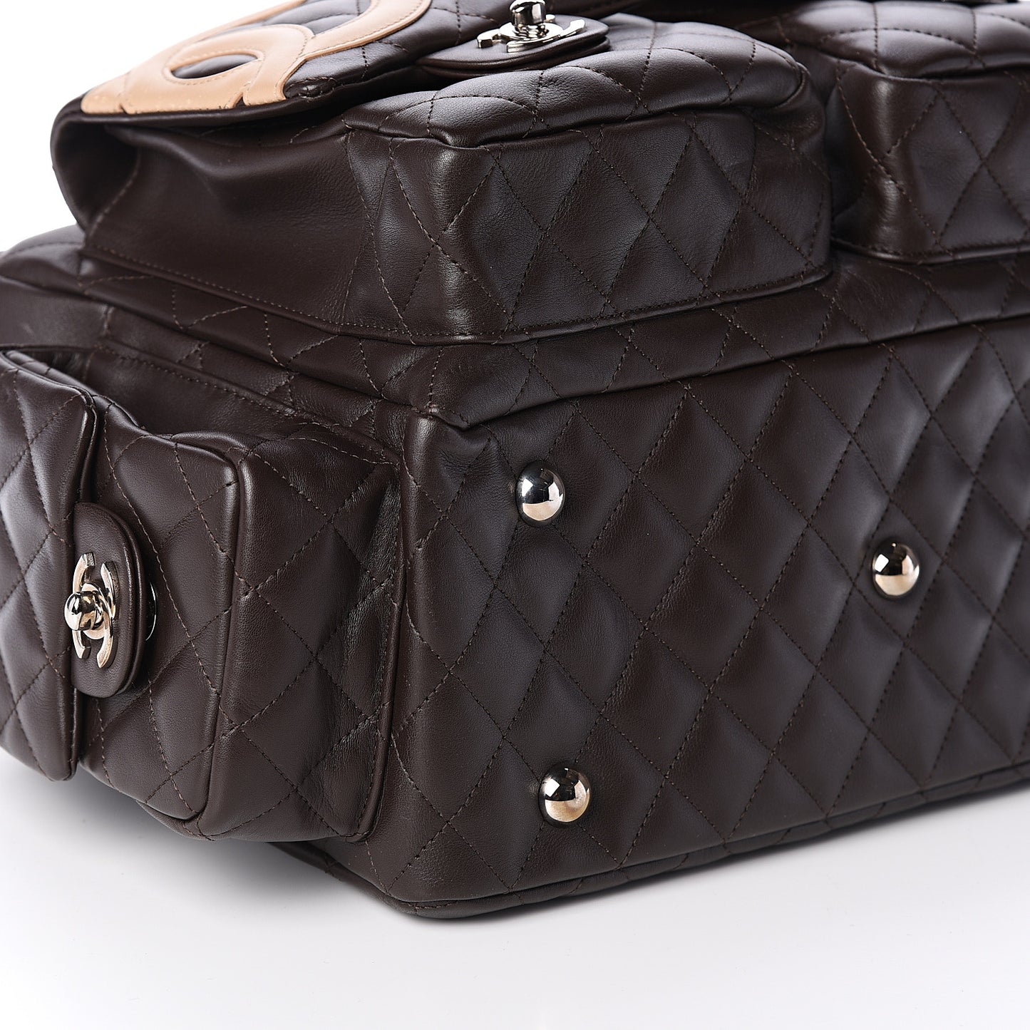Calfskin Quilted Large Cambon Multipocket Reporter Brown Beige